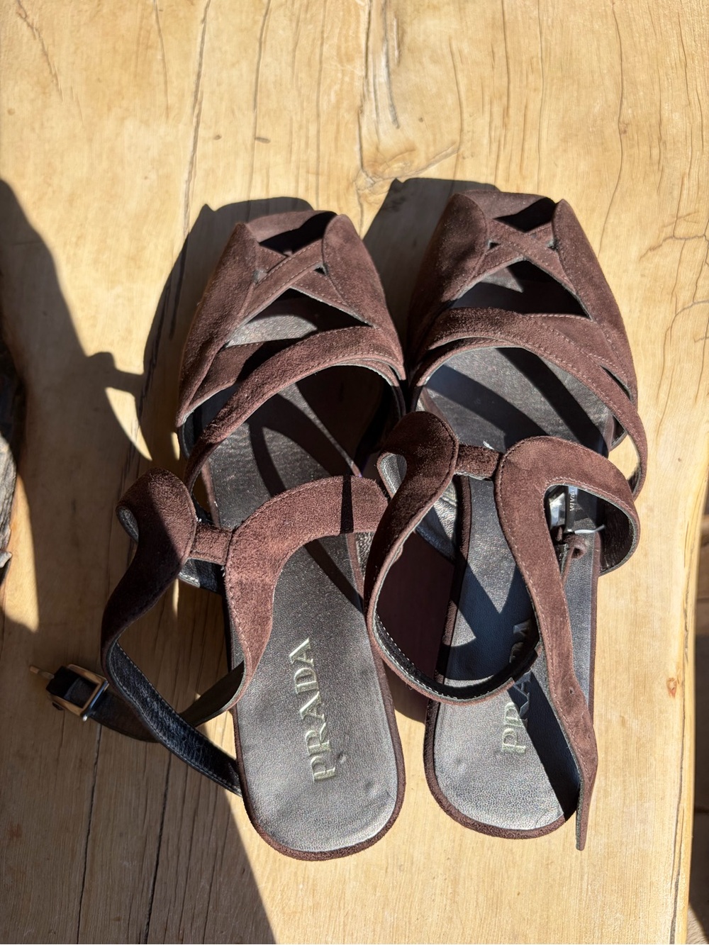 Vintage Prada Brown & Purple Suede Strappy Wedge Sandals — 37.5 / US 7.5 - Picture 4 of 9